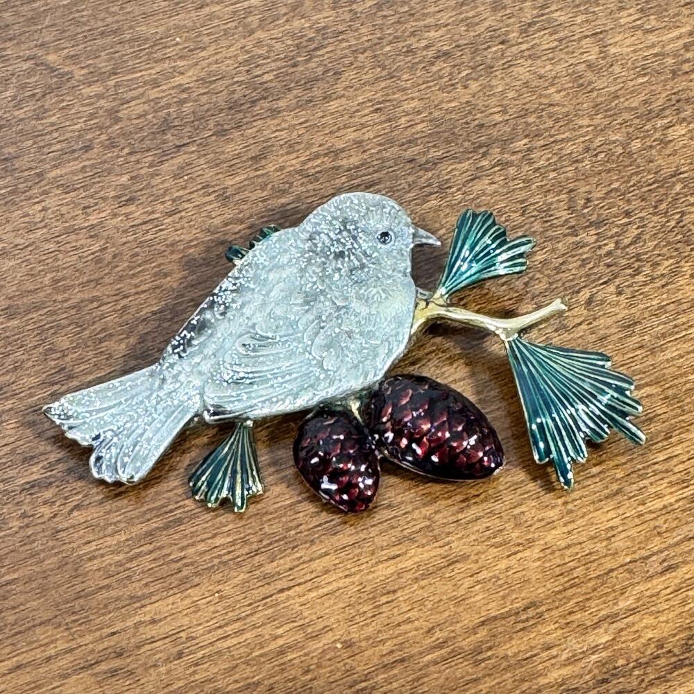 Vintage Bird Brooch Pin Enamel Ginkgo Leaves Pine Cones Silver Tone Gold Tone